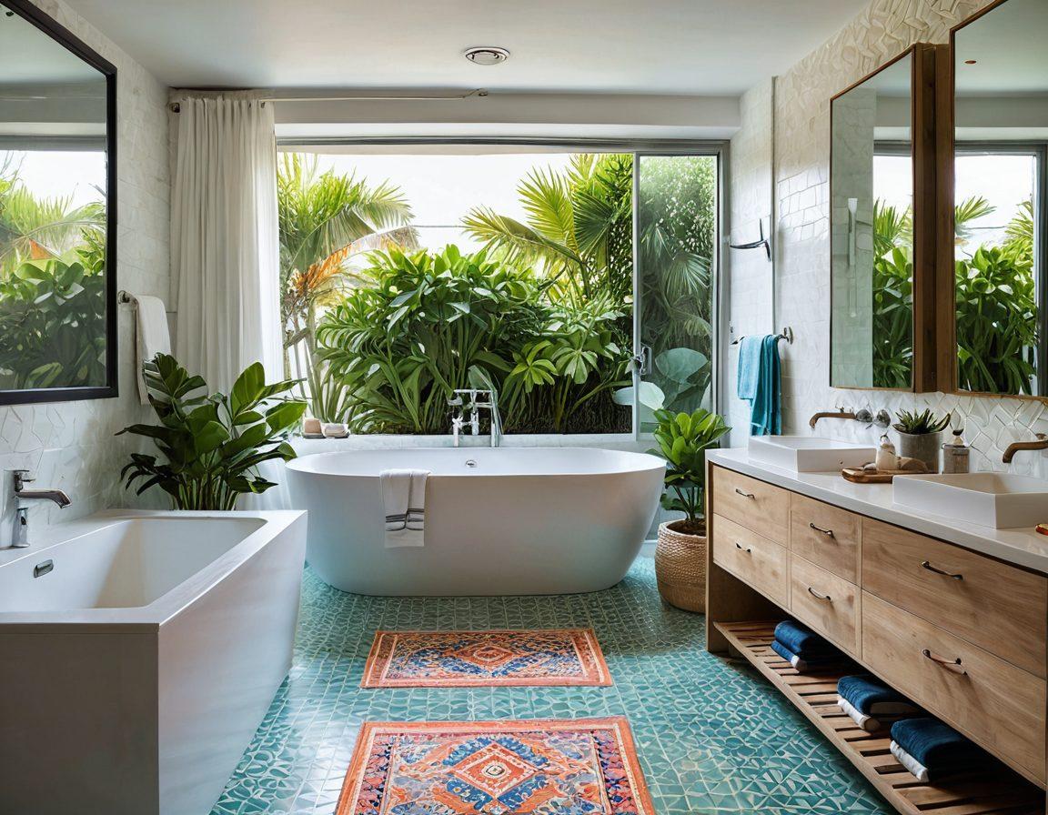 A beautifully designed bathroom filled with elegant tiles, showcasing a vibrant transformation from casual beach vibes symbolized by colorful bathing suits draped artistically over a towel rack. The flooring is glimmering with exquisite patterns, while natural light streams in from a window, highlighting the luxury of the space. Add lush greenery for a refreshing touch. vibrant colors. super-realistic.